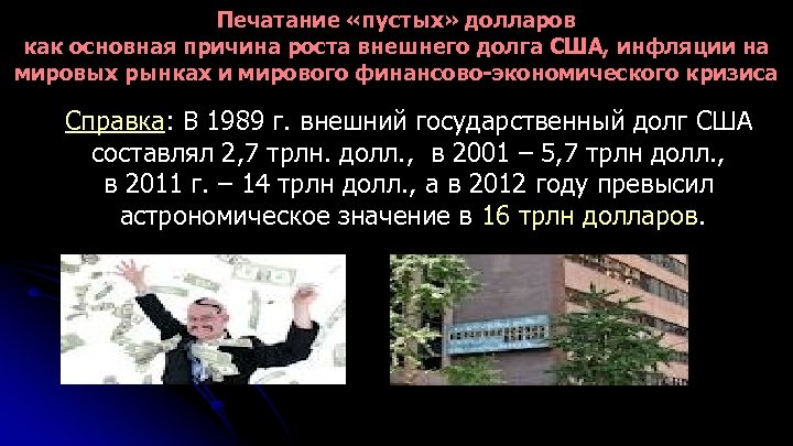 Печатание «пустых» долларов как основная причина роста внешнего долга США, инфляции на мировых рынках