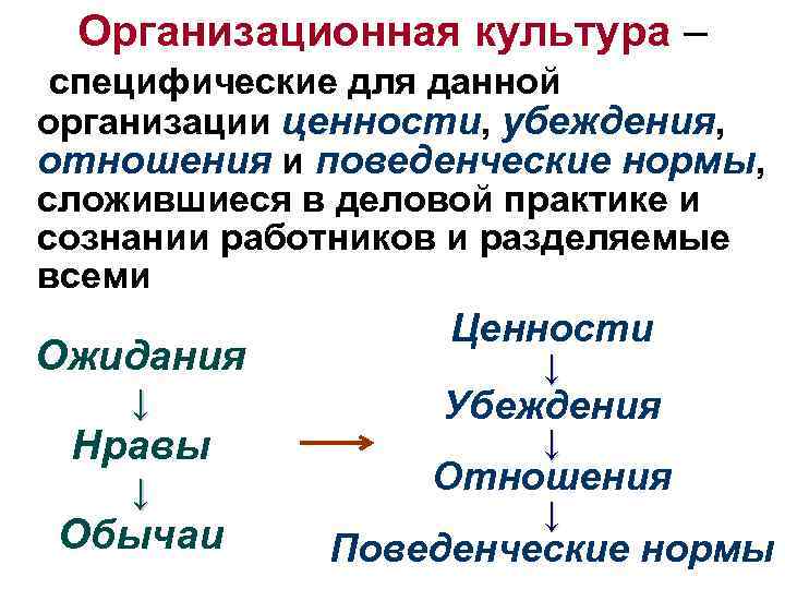 Организационная культура – специфические для данной организации ценности, убеждения, отношения и поведенческие нормы, сложившиеся