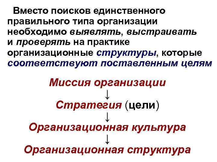 Вместо поисков единственного правильного типа организации необходимо выявлять, выстраивать и проверять на практике организационные