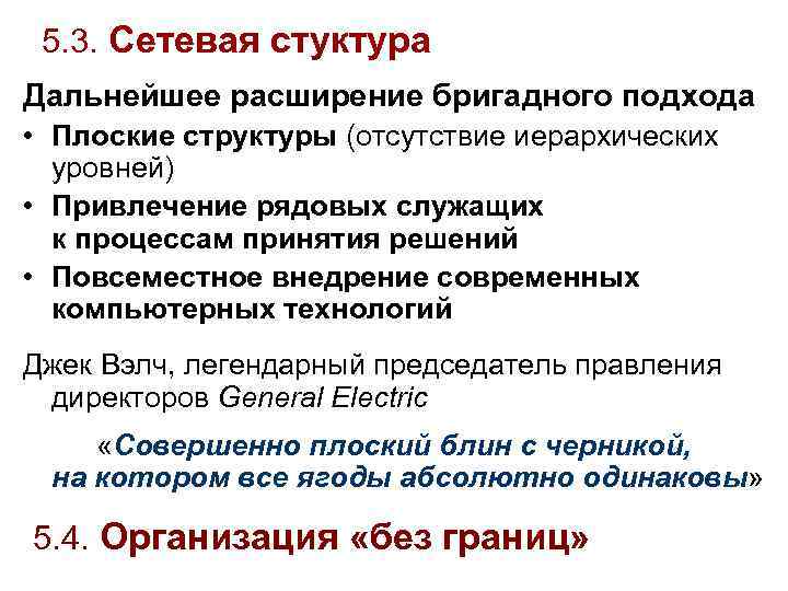  5. 3. Сетевая стуктура Дальнейшее расширение бригадного подхода • Плоские структуры (отсутствие иерархических