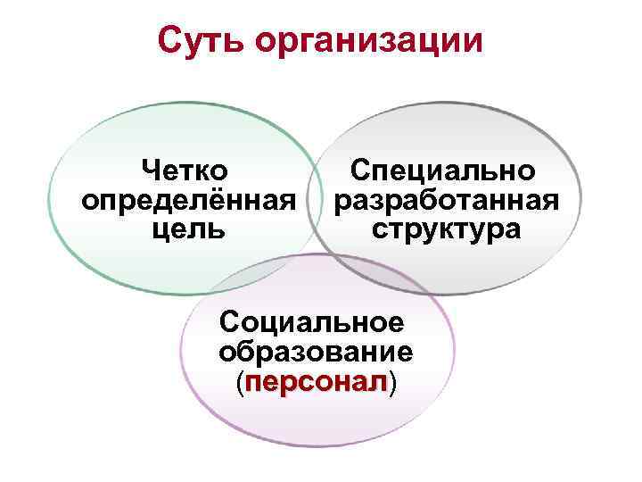 Суть организации Четко определённая цель Специально разработанная структура Социальное образование (персонал) 