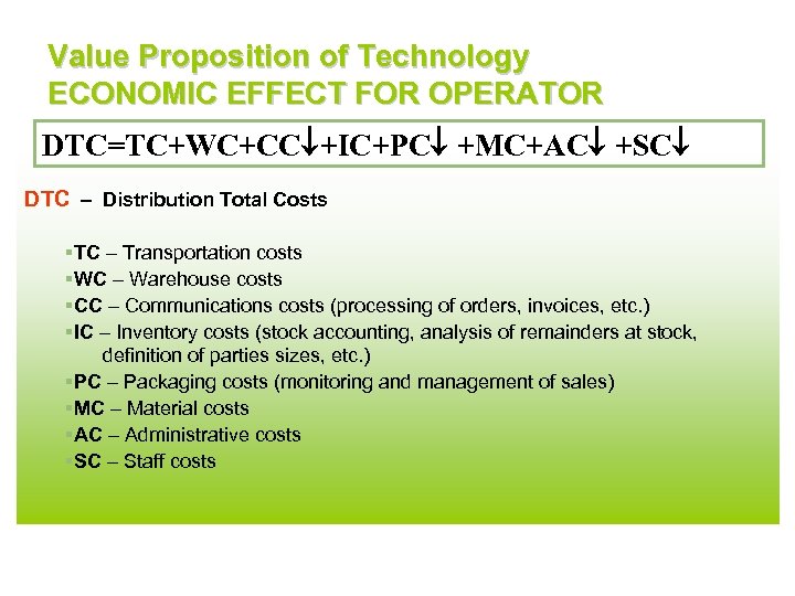 Value Proposition of Technology ECONOMIC EFFECT FOR OPERATOR DTC=TC+WC+CC +IC+PC +MC+AC +SC DTC –
