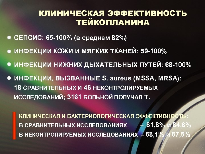 КЛИНИЧЕСКАЯ ЭФФЕКТИВНОСТЬ ТЕЙКОПЛАНИНА СЕПСИС: 65 -100% (в среднем 82%) ИНФЕКЦИИ КОЖИ И МЯГКИХ ТКАНЕЙ: