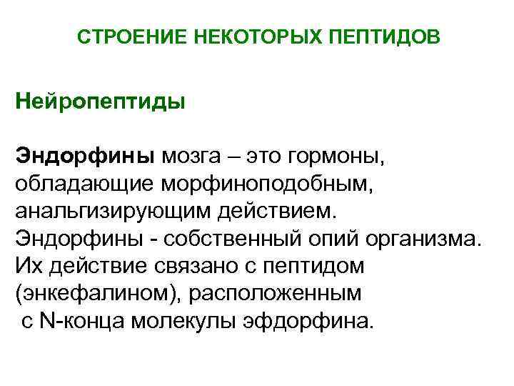 СТРОЕНИЕ НЕКОТОРЫХ ПЕПТИДОВ Нейропептиды Эндорфины мозга – это гормоны, обладающие морфиноподобным, анальгизирующим действием. Эндорфины