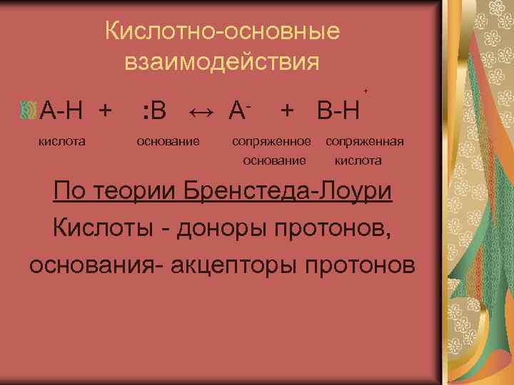  Кислотно-основные взаимодействия А-Н + : В ↔ А- + В-Н кислота + основание