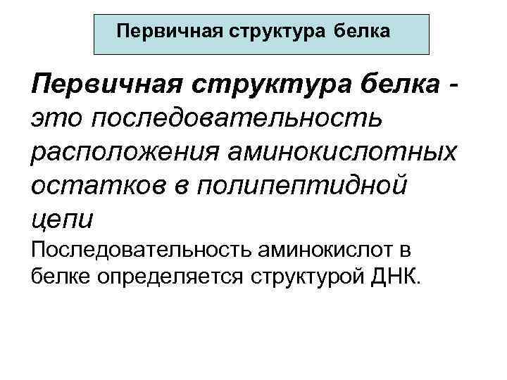 Первичная структура белка это последовательность расположения аминокислотных остатков в полипептидной цепи Последовательность аминокислот в