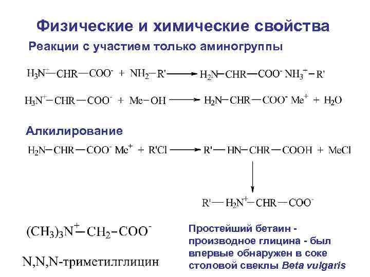 Физические и химические свойства Реакции с участием только аминогруппы Алкилирование Простейший бетаин - производное