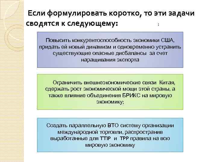 Если формулировать коротко, то эти задачи сводятся к следующему: : Повысить конкурентоспособность экономики США,