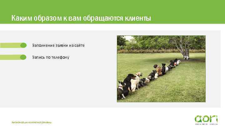 Каким образом к вам обращаются клиенты Заполнение заявки на сайте Запись по телефону Автоматизация