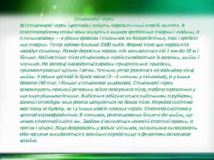  Стьожкові черви Всі стьожкові черви (цестоди) ведуть паразитичний спосіб життя. В статевозрілому стані