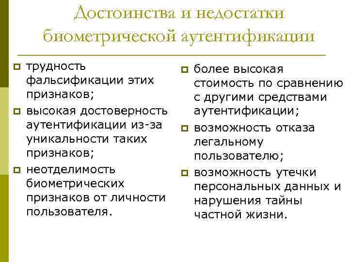 Достоинства и недостатки биометрической аутентификации p p p трудность фальсификации этих признаков; высокая достоверность