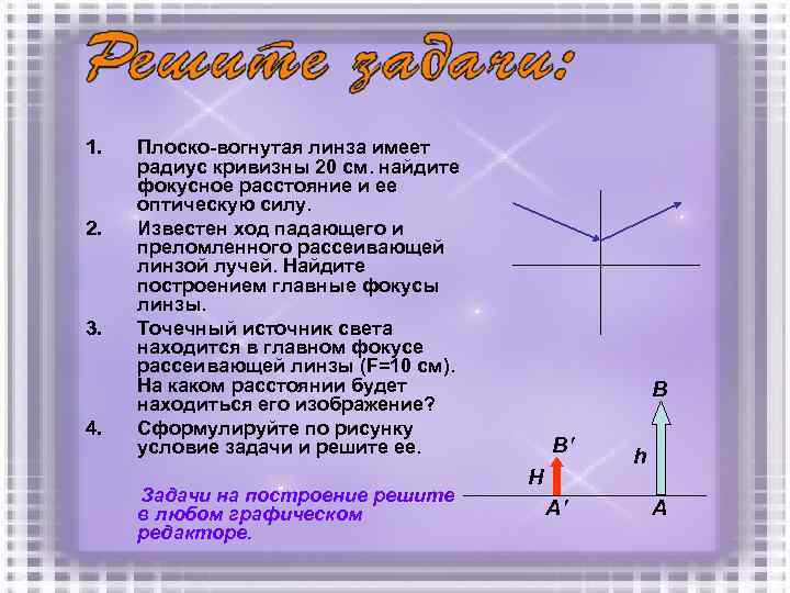 1. 2. 3. 4. Плоско-вогнутая линза имеет радиус кривизны 20 см. найдите фокусное расстояние