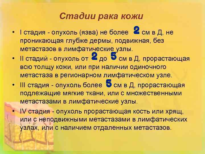 Стадии рака кожи • I стадия - опухоль (язва) не более см в Д,