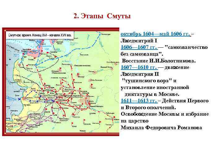 2. Этапы Смуты октябрь 1604—май 1606 гг. – Лжедмитрий I 1606— 1607 гг. —