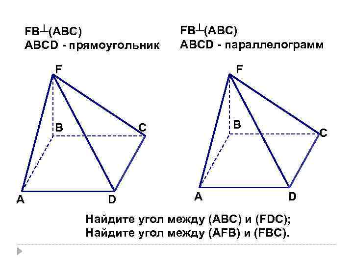 FB┴(ABC) ABCD - прямоугольник FB┴(ABC) ABCD - параллелограмм F F В А B С