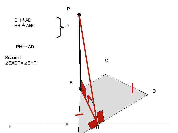 Р ВН ┴АD РВ ┴ АВС => РН ┴ АD Значит: ∠ВАDР= ∠ВНР С