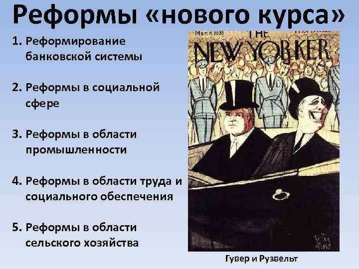 Реформы «нового курса» 1. Реформирование банковской системы 2. Реформы в социальной сфере 3. Реформы