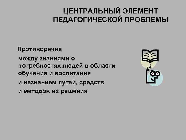 ЦЕНТРАЛЬНЫЙ ЭЛЕМЕНТ ПЕДАГОГИЧЕСКОЙ ПРОБЛЕМЫ Противоречие между знаниями о потребностях людей в области обучения и