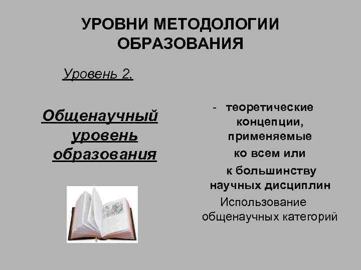УРОВНИ МЕТОДОЛОГИИ ОБРАЗОВАНИЯ Уровень 2. Общенаучный уровень образования - теоретические концепции, применяемые ко всем