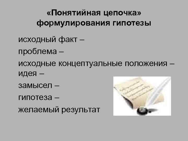  «Понятийная цепочка» формулирования гипотезы исходный факт – проблема – исходные концептуальные положения –