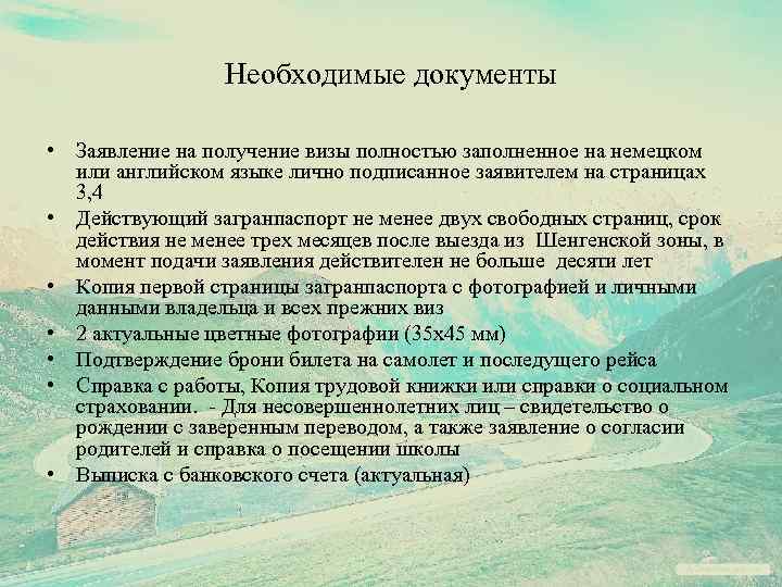Необходимые документы • Заявление на получение визы полностью заполненное на немецком или английском языке