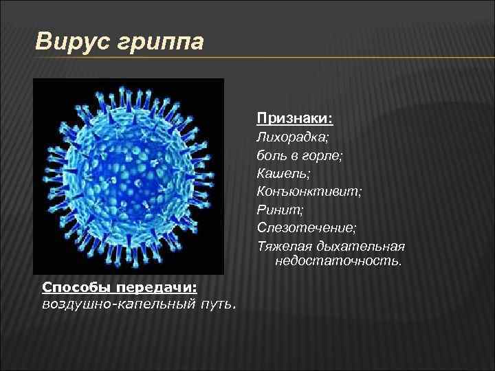 Вирус гриппа Признаки: Лихорадка; боль в горле; Кашель; Конъюнктивит; Ринит; Слезотечение; Тяжелая дыхательная недостаточность.