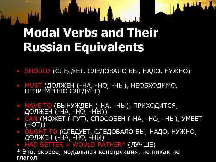 Modal Verbs and Their Russian Equivalents • SHOULD (СЛЕДУЕТ, СЛЕДОВАЛО БЫ, НАДО, НУЖНО) •