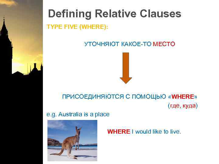 Defining Relative Clauses TYPE FIVE (WHERE): УТОЧНЯЮТ КАКОЕ-ТО МЕСТО ПРИСОЕДИНЯЮТСЯ С ПОМОЩЬЮ «WHERE» (где,