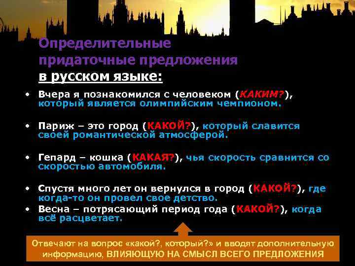 Определительные придаточные предложения в русском языке: • Вчера я познакомился с человеком (КАКИМ? ),