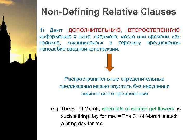 Non-Defining Relative Clauses 1) Дают ДОПОЛНИТЕЛЬНУЮ, ВТОРОСТЕПЕННУЮ информацию о лице, предмете, месте или времени,