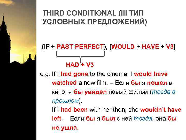 THIRD CONDITIONAL (III ТИП УСЛОВНЫХ ПРЕДЛОЖЕНИЙ) (IF + PAST PERFECT), [WOULD + HAVE +