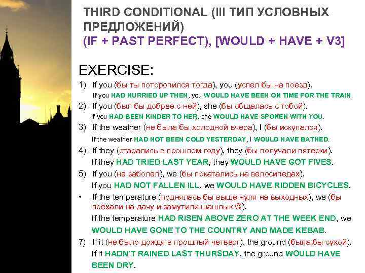 THIRD CONDITIONAL (III ТИП УСЛОВНЫХ ПРЕДЛОЖЕНИЙ) (IF + PAST PERFECT), [WOULD + HAVE +