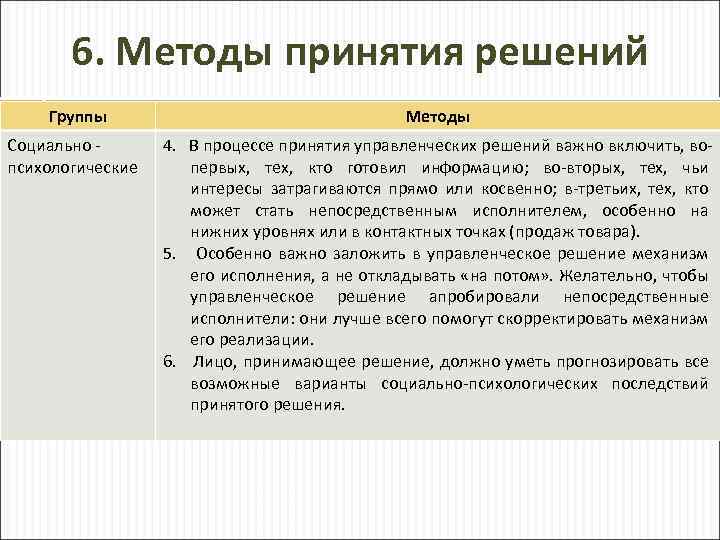 6. Методы принятия решений Группы Социально психологические Методы 4. В процессе принятия управленческих решений