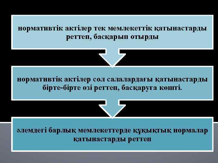 нормативтік актілер тек мемлекеттік қатынастарды реттеп, басқарып отырды нормативтік актілер сол салалардағы қатынастарды бірте-бірте