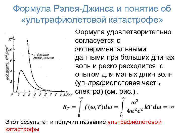 Формула Рэлея-Джинса и понятие об «ультрафиолетовой катастрофе» Формула удовлетворительно согласуется с экспериментальными данными при