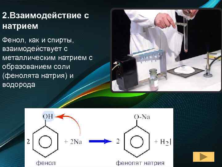 Реакция взаимодействия фенола с гидроксидом натрия. Взаимодействие этанола с металлическим натрием. Взаимодействие фенола с металлическим натрием.