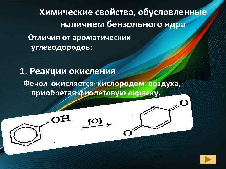 Химические свойства, обусловленные наличием бензольного ядра Отличия от ароматических углеводородов: 1. Реакции окисления Фенол