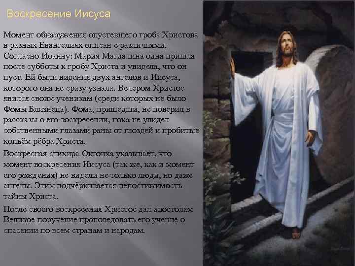  Воскресение Иисуса Момент обнаружения опустевшего гроба Христова в разных Евангелиях описан с различиями.