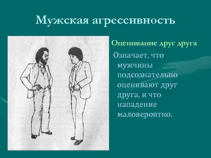 Мужская агрессивность Оценивание друга Означает, что мужчины подсознательно оценивают друга, и что нападение маловероятно.