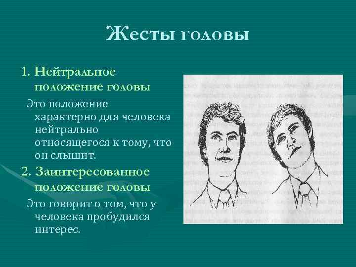 Жесты головы 1. Нейтральное положение головы Это положение характерно для человека нейтрально относящегося к