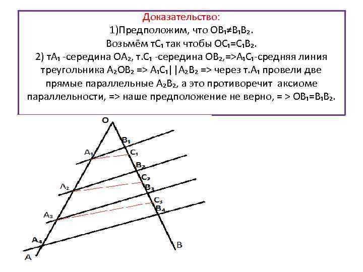 Доказательство: 1)Предположим, что ОВ₁≠В₁В₂. Возьмём т. С₁ так чтобы ОС₁=С₁В₂. 2) т. А₁ -середина