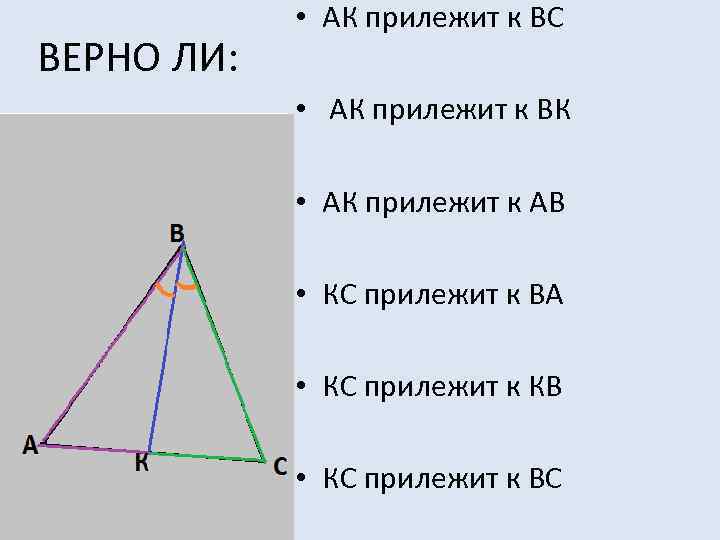  ВЕРНО ЛИ: • АК прилежит к ВС • АК прилежит к ВК •