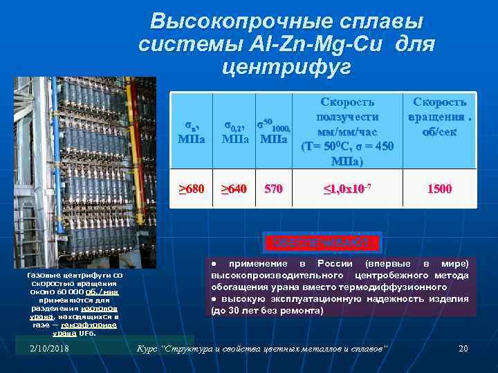 Высокопрочные сплавы системы Al-Zn-Mg-Cu для центрифуг σв, МПа σ0, 2, σ501000, МПа ≥ 680