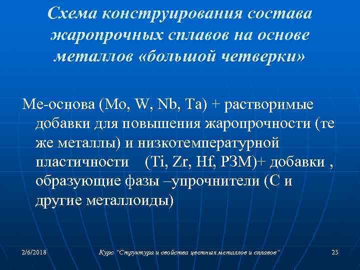 Схема конструирования состава жаропрочных сплавов на основе металлов «большой четверки» Ме-основа (Мо, W, Nb,