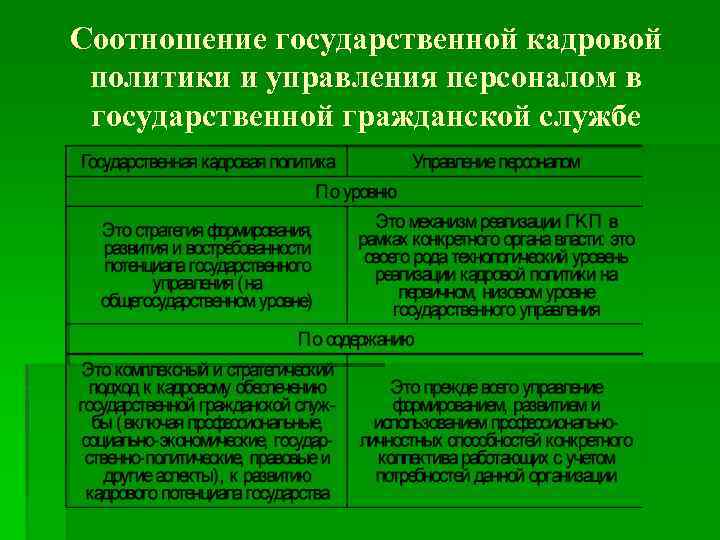 Соотношение государственной кадровой политики и управления персоналом в государственной гражданской службе 