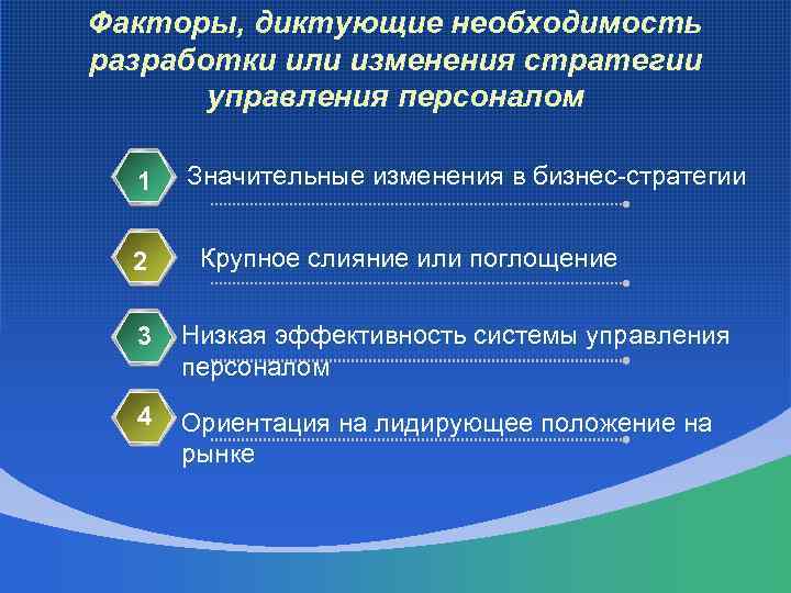 Факторы, диктующие необходимость разработки или изменения стратегии управления персоналом 1 2 Значительные изменения в