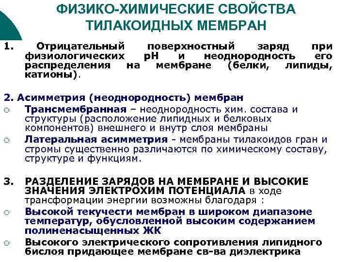 ФИЗИКО-ХИМИЧЕСКИЕ СВОЙСТВА ТИЛАКОИДНЫХ МЕМБРАН 1. Отрицательный поверхностный заряд при физиологических p. Н и неоднородность
