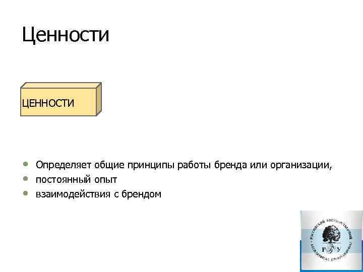 Ценности ЦЕННОСТИ • • • Определяет общие принципы работы бренда или организации, постоянный опыт