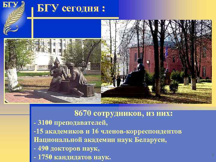 БГУ сегодня : 8670 сотрудников, из них: - 3100 преподавателей, -15 академиков и 16