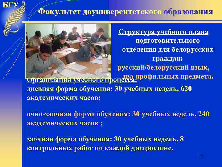 Факультет доуниверситетского образования Структура учебного плана подготовительного отделения для белорусских граждан: русский/белорусский язык, два